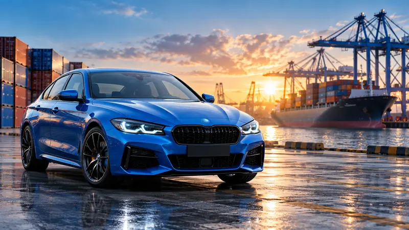 Blue car at a container port
