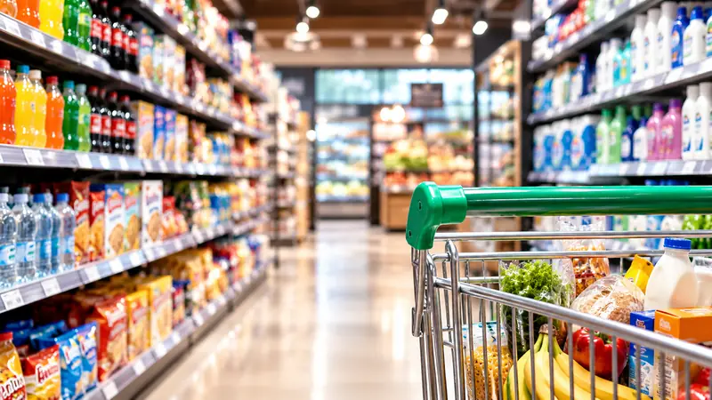 Supermarket aisle with a shopping trolley