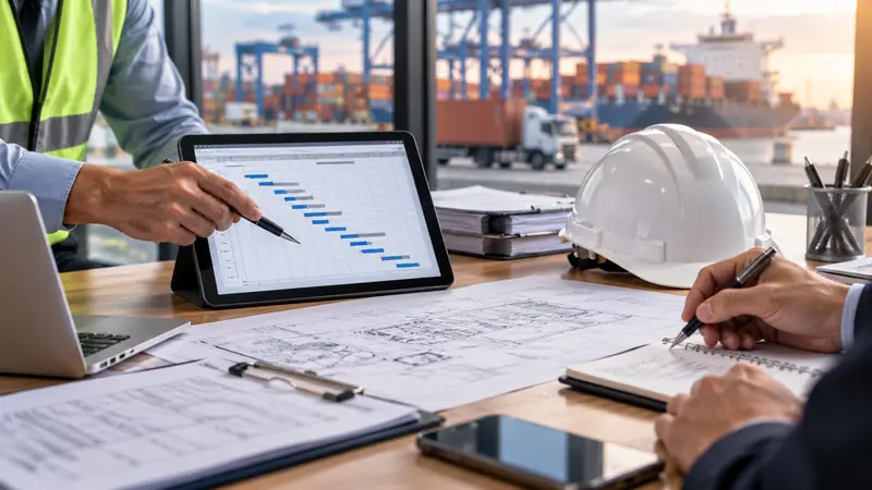 Project plan and hard hat on a desk