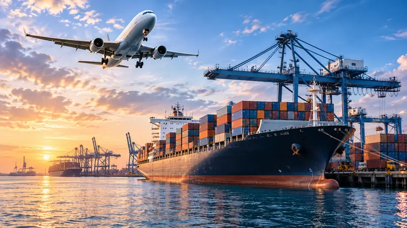 Aircraft flying over a container ship