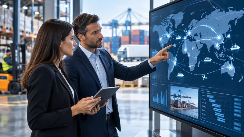 Team reviewing a world trade map