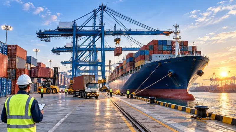 Container ship being unloaded at port