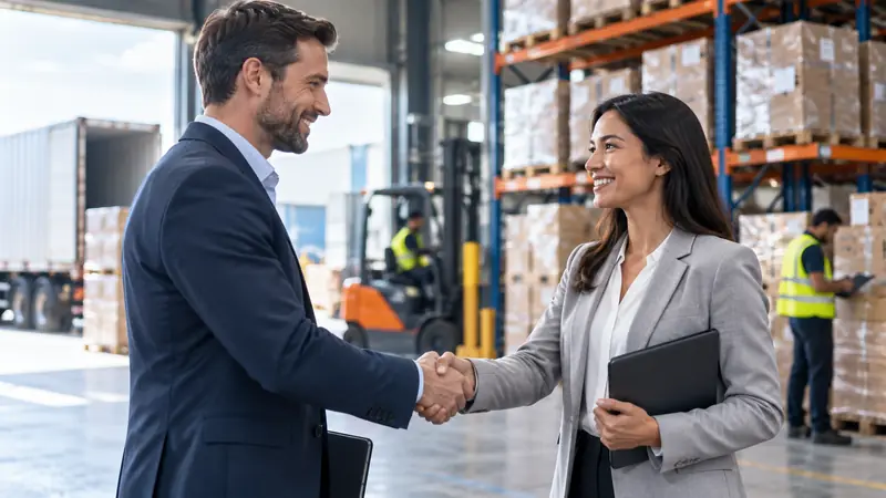 Business partners shaking hands in a warehouse