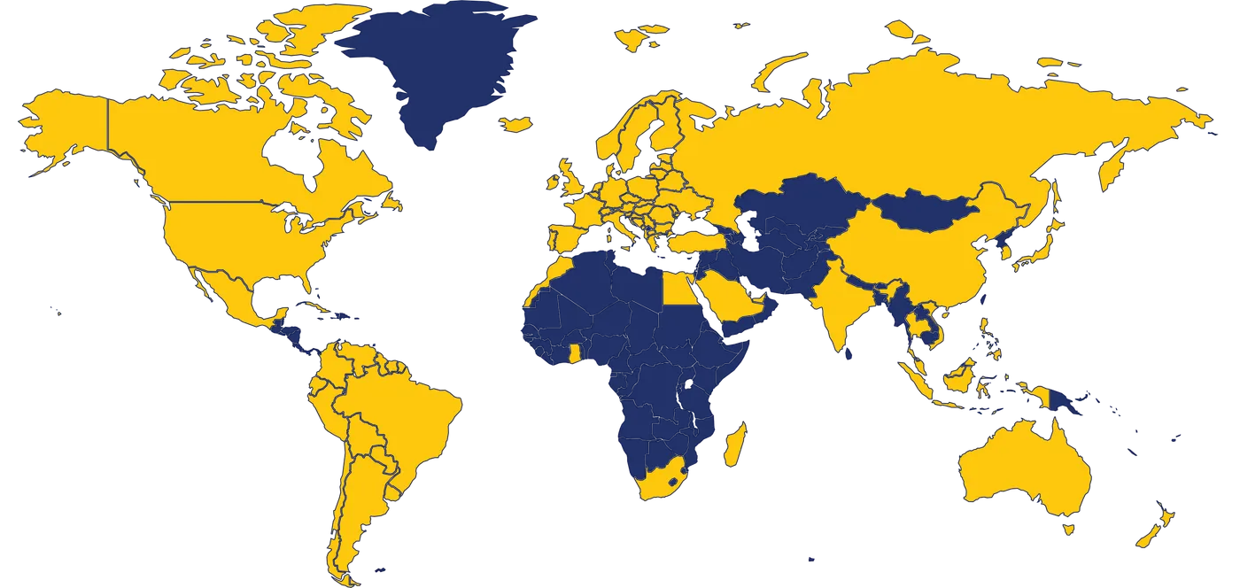World map highlighting the countries SG Imports & Exports ships to and from